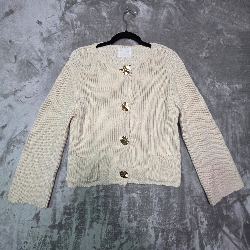 Soho & Stella Cream Shaker Knit Cardigan Gold Wavy Button Sweater ST24244 Small